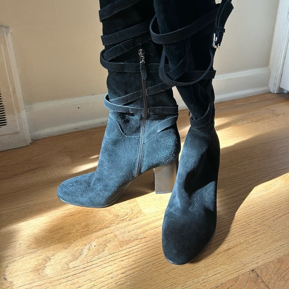 Sam Edelman - LIKE NEW - kayla black suede wrap buckle knee high heeled boots - Picture 5 of 9